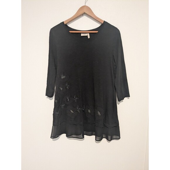 LOGO Lori Goldstein Women's Black Embellished Floral Tunic Top S 3/4 Sleeve - Picture 1 of 5